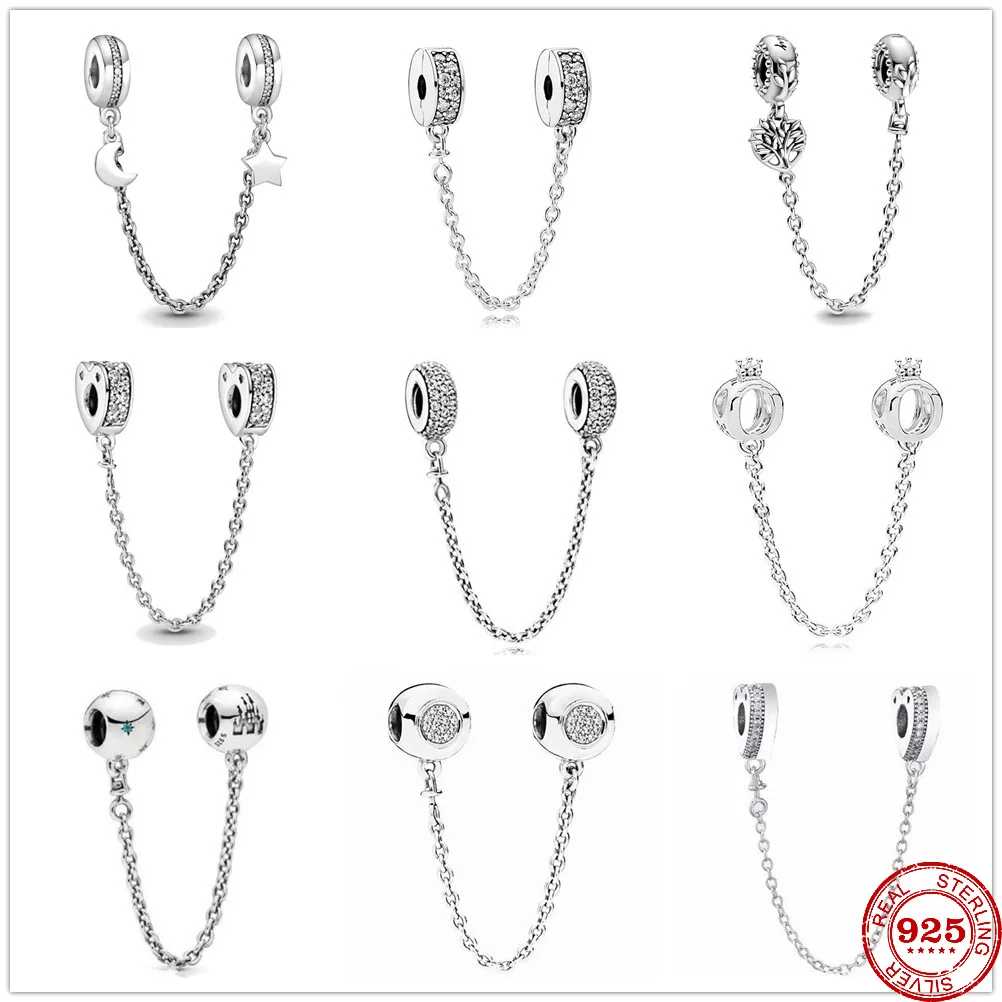 Серебро 925 пробы сверкающая прозрачная блестящая цепочка со звездой и луной