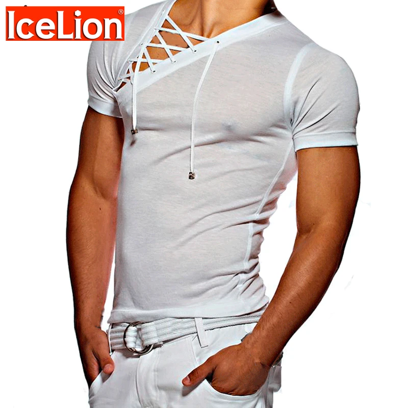 

IceLion 2023 New Summer Drawstring T Shirt Men Short Sleeve Thin Fitness T-shirt Fashion Casual Solid Slim Fit Men's Tshirt