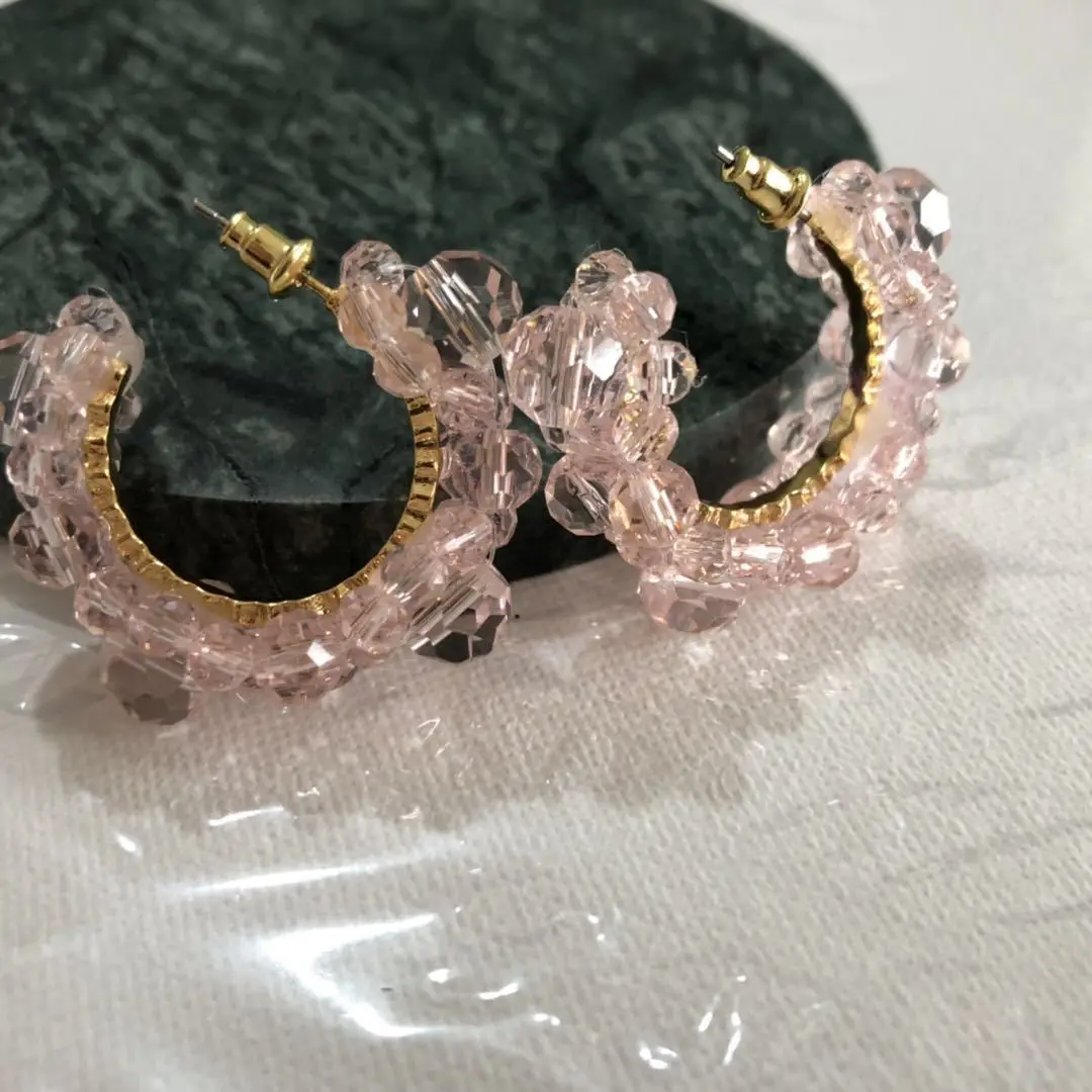 

New earrings temperament European and American metal gold-plated C ring crystal woven flower earrings women