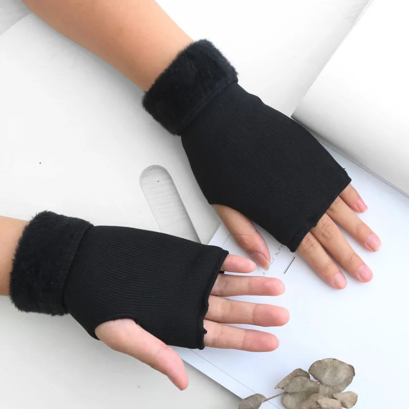 

Solid Color Fingerless Gloves Double-layer Warm Cotton Stripes Gloves Non-slip Non-fleece Half-finger Gloves Plus Velvet
