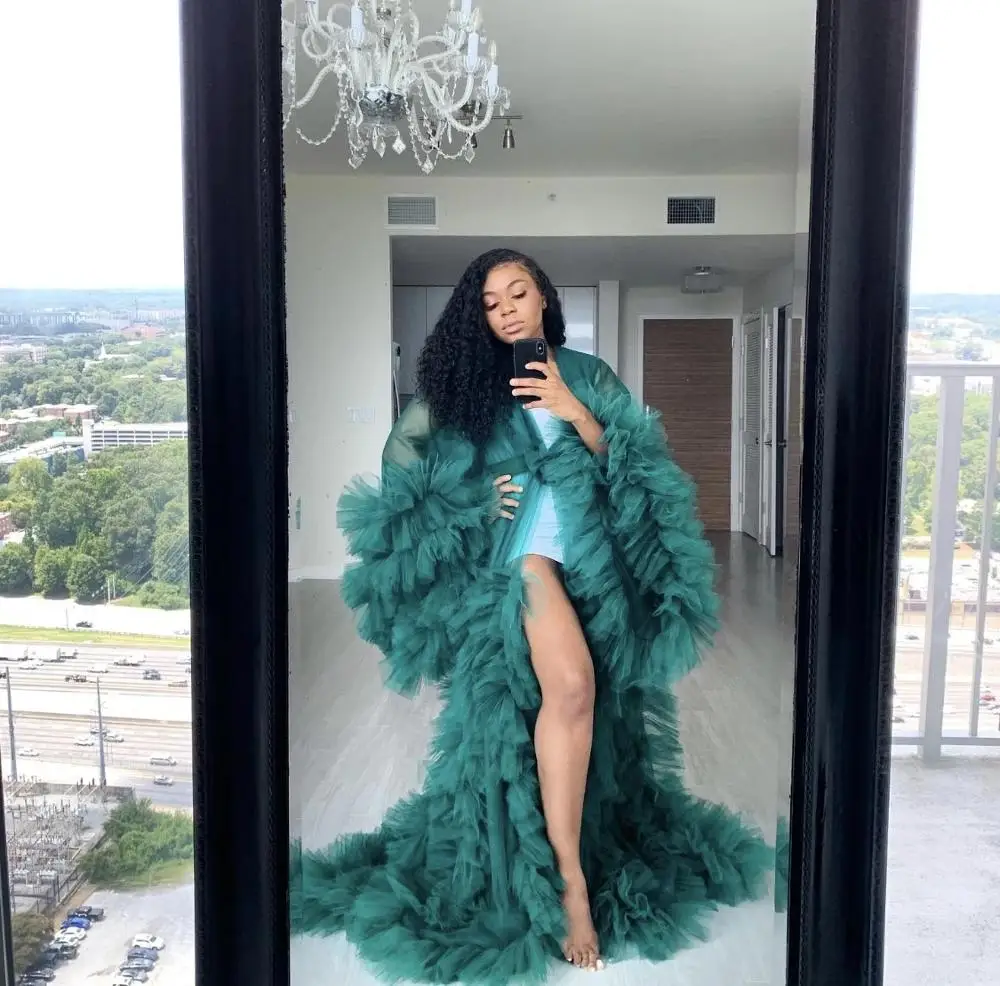 Шикарное прозрачное Тюлевое кимоно с оборками Черное длинное многоярусными