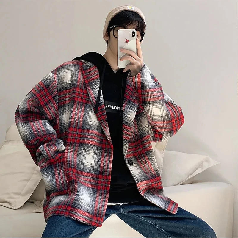 

Woolen Jacket Men's Autumn And Winter Young And Middle-Aged Street Fashion Jacket Plaid Tooling Korean Loose Gown Men's Clothing