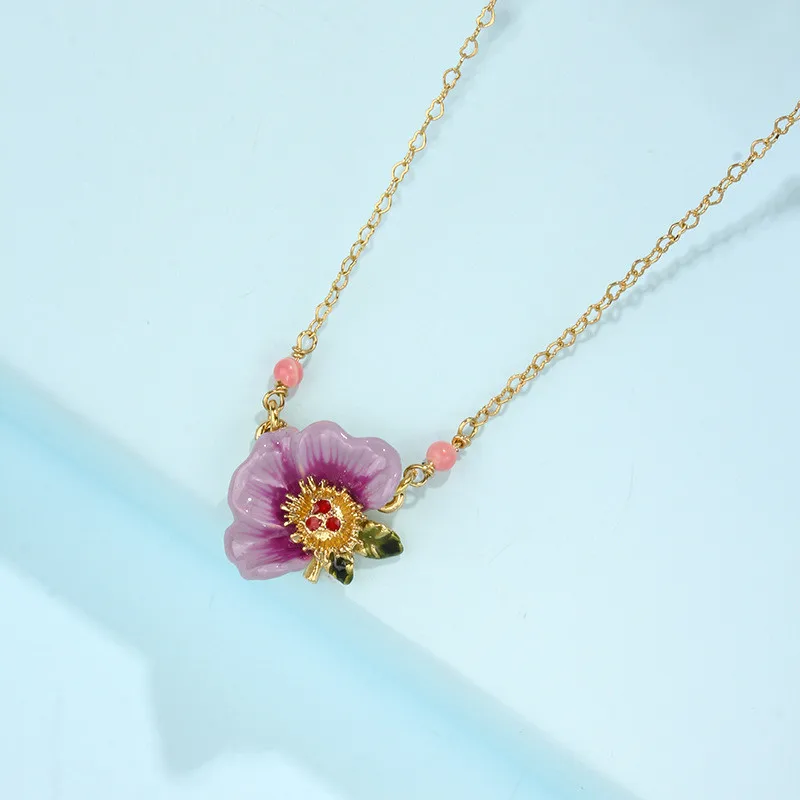 

French simple enamel glaze purple peony flower zircon gold-plated necklace clavicle chain female sweet fashion all-match