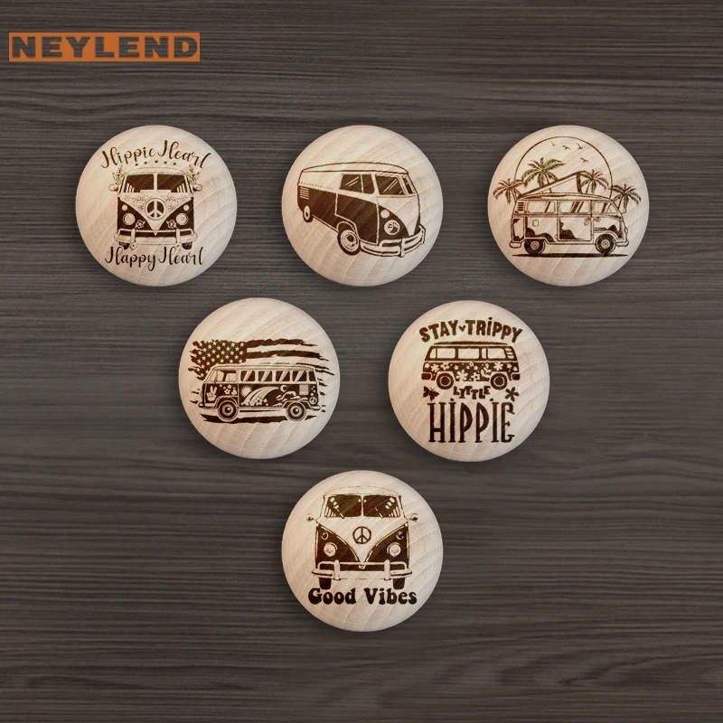 

NEYLEND Engraved Wooden Drawer Handle Vintage Bus Design Nature Wooden Knobs Single Hole Beech Circular Cabinet Pulls Hardware