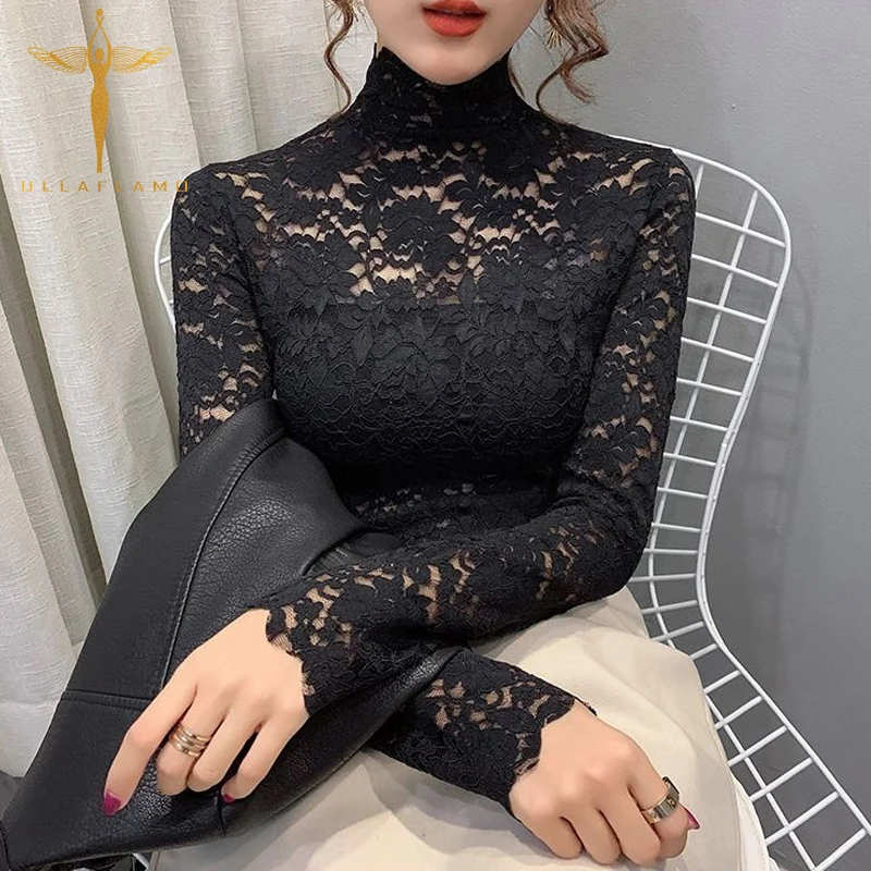 

Hollow Out Sexy Lace T Shirts Female Turtleneck Long Sleeve See Through Tshirt Elastic Tops Elegant Transparent Women Clothes