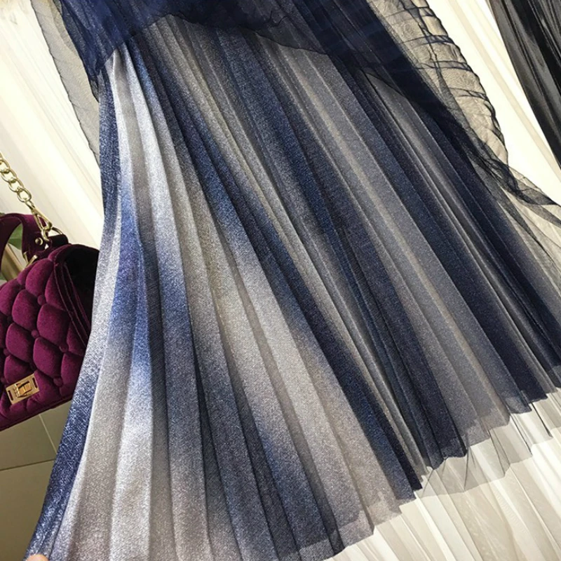 Длинная Плиссированная юбка градиентная сетчатая с металлическим блеском