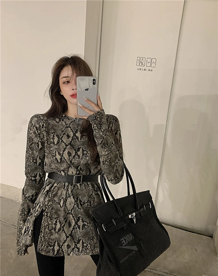 

Salt Style Wear Padded Shoulder Slit Loose Mid-Length Fried Street Clothes Fashionable Snake Pattern Long Sleeve T-shirt