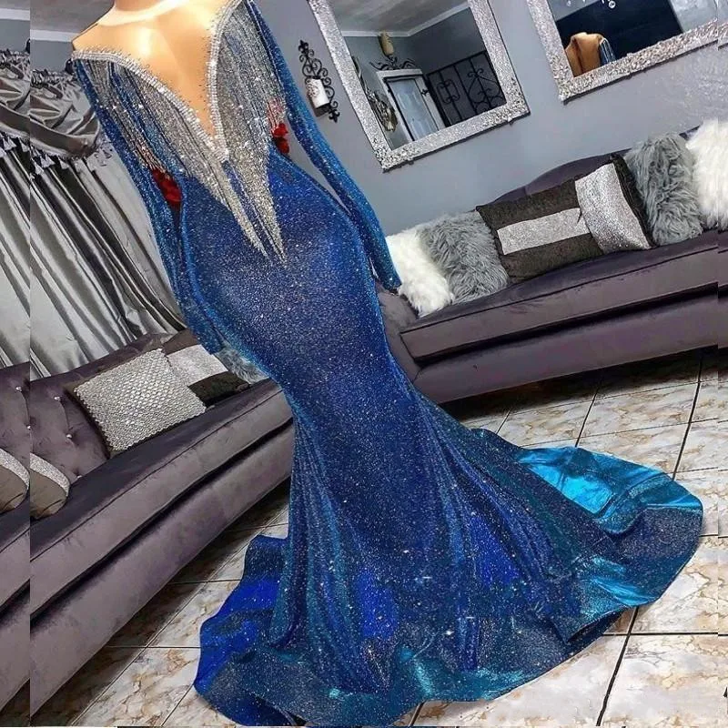 Full Sequins Reflective Mermaid Blue Prom Dresses Beads Sheer Neck Long Sleeves Evening Gowns With Tassels Sweep Train | Свадьбы и