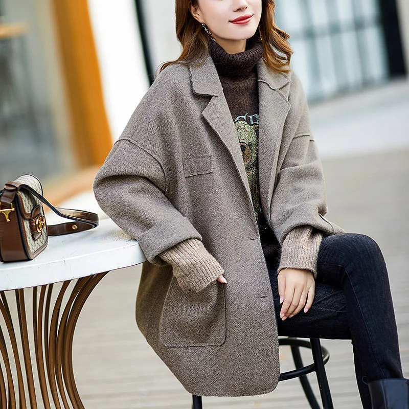 

Женское твидовое пальто с лацканами, свободное двухстороннее пальто в Корейском стиле, новинка зимы 2021