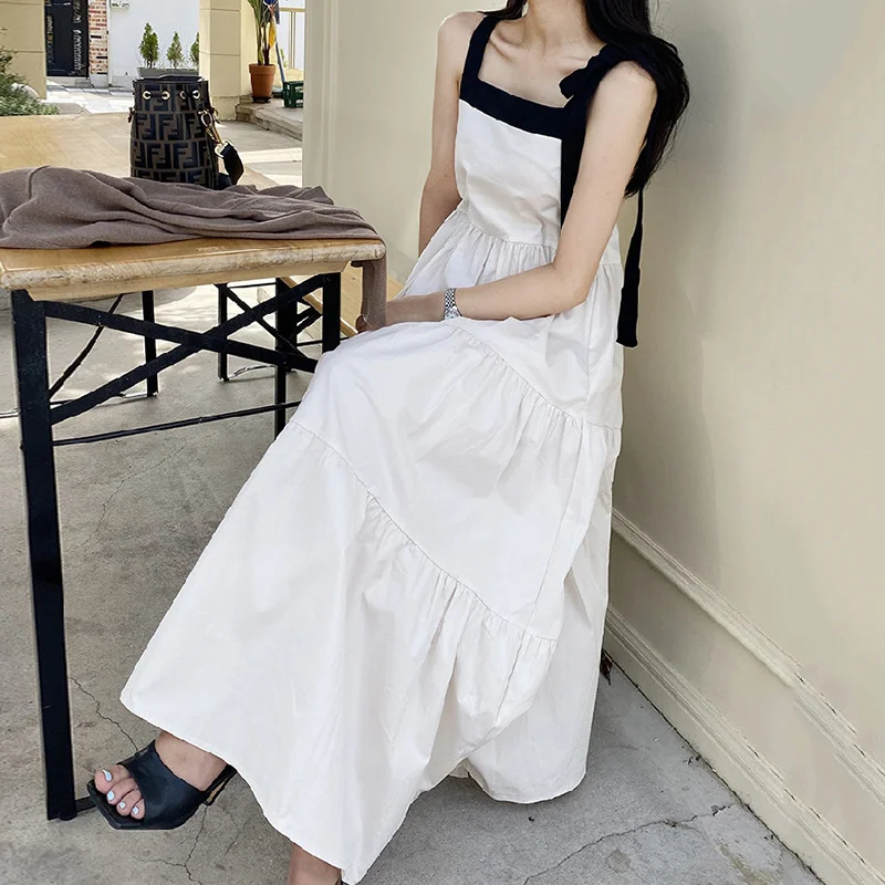 

Korean Chic French Dress Niche Square Collar Color Dresses Contrast Stitching High Waist Loose Bandage Bow SLING DRESS