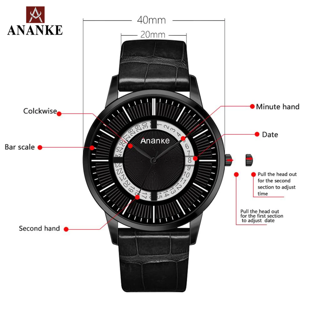 

Ananke Mens Watches Leather Strap Number Auto Date Color Splicing Waterproof Hardlex Dial Luxury Quartz Wristwatch AN05