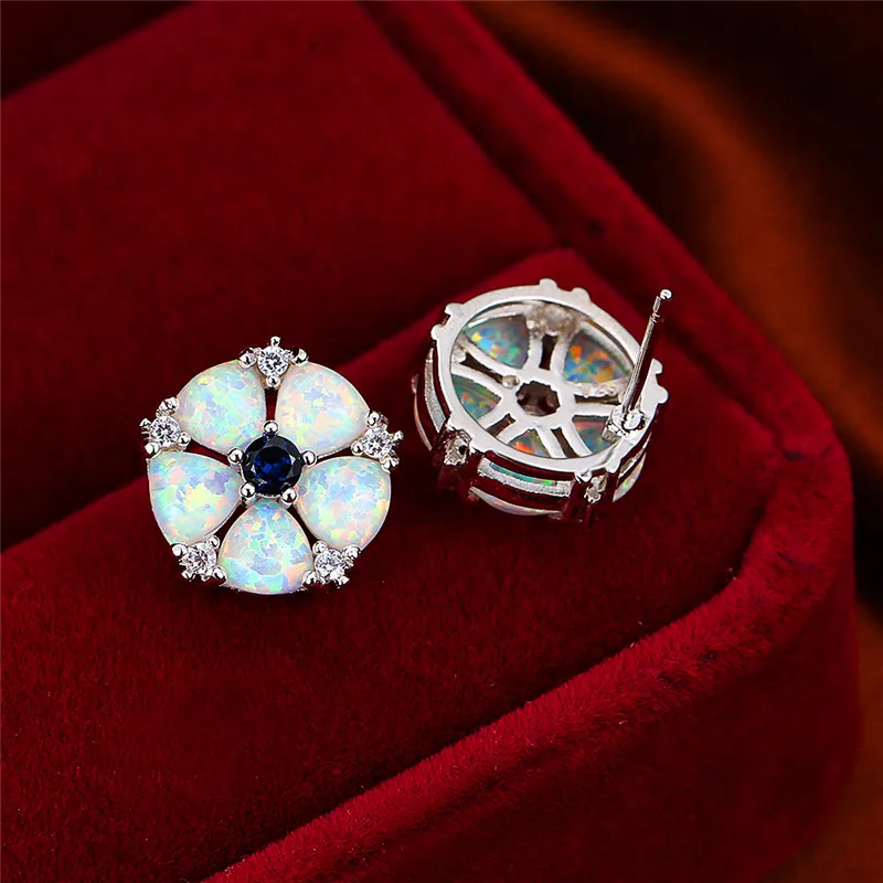 

Luxury Female White Opal Stone Earrings Charm Flower Small Stud Earrings For Women Elegant Pink Round Crystal Wedding Earrings