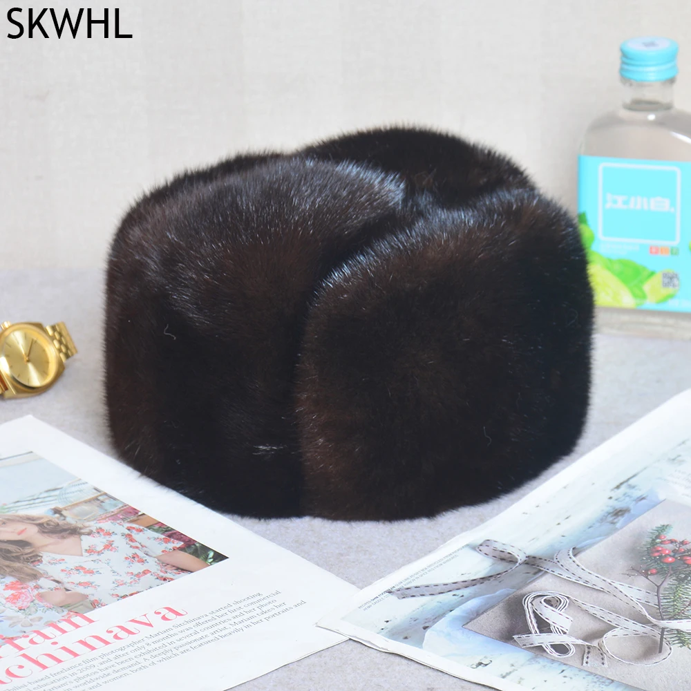 

Winter Men Real Fur Mink Skin President Hats Old Dad Outdoor Head Warm Marten Bonnet Black/Brown 56-61cm Real Mink Caps Beanies
