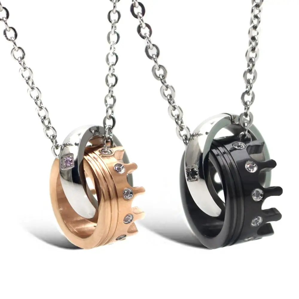 

2pcs/lot couple king queen cz inlay crown pendant necklace for him her wife husband valentine wedding anniversary necklacs