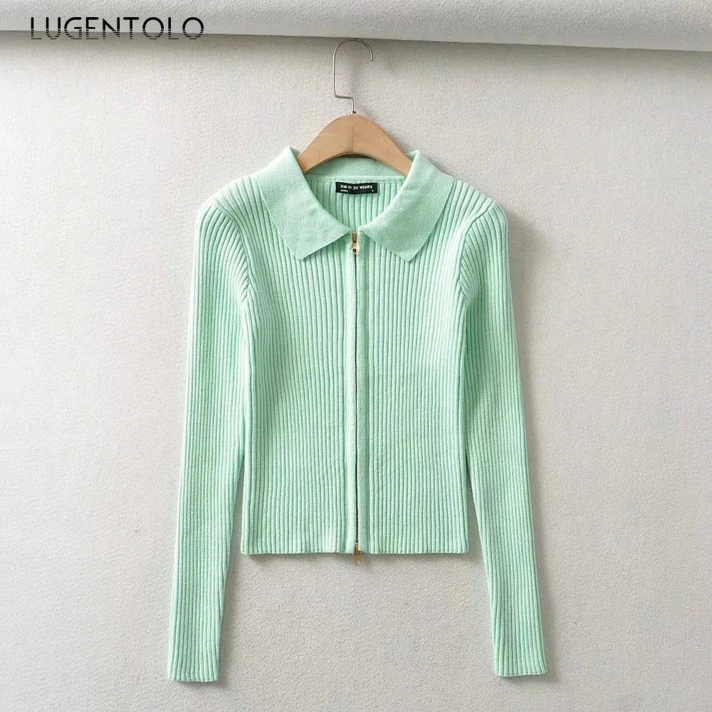 

Women Sweater Autumn Cardigan Causal Sweaters Double Zip Solid Long Sleeve Slim Short Knitted Lady Fashion Sweaters Lugentolo