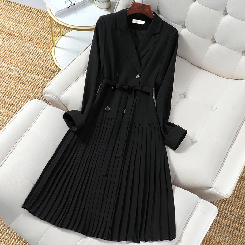 

Loose Fit Spring Autumn Belt Long Pleated Blazer Jacket New Notched Long Sleeve Women Coat Fashion Plus Size 5XL Height Quality