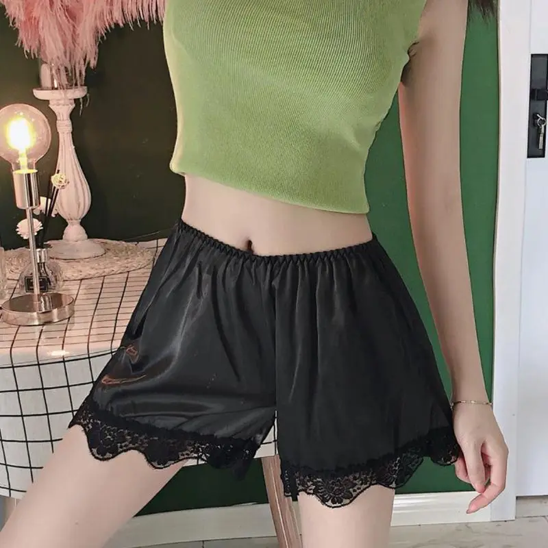 Women Imitation Silk Loose Sleep Lounge Slip Bloomer Pants Floral Lace Trim Solid Color Pettipants Split Skirt | Женская одежда