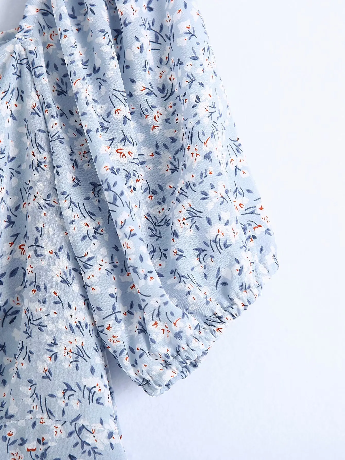 

Women Fashion Square Neck Short Sleeve Bow Vintage Folded Blue Floral Lace Chic Female Mini Dresses