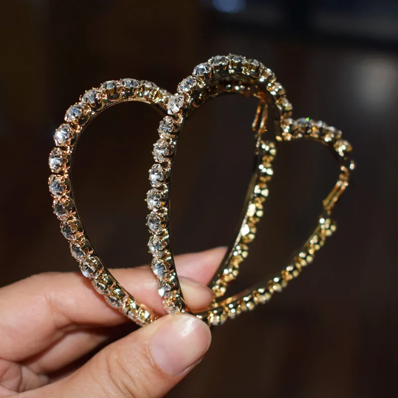 7.5cm Heart gold Разноцветные блестящие стразы, большие серьги-кольца для женщин, модные ювелирные изделия, богемные коллекционные серьги, аксессуары - Окраска металла: 7.5cm Heart gold