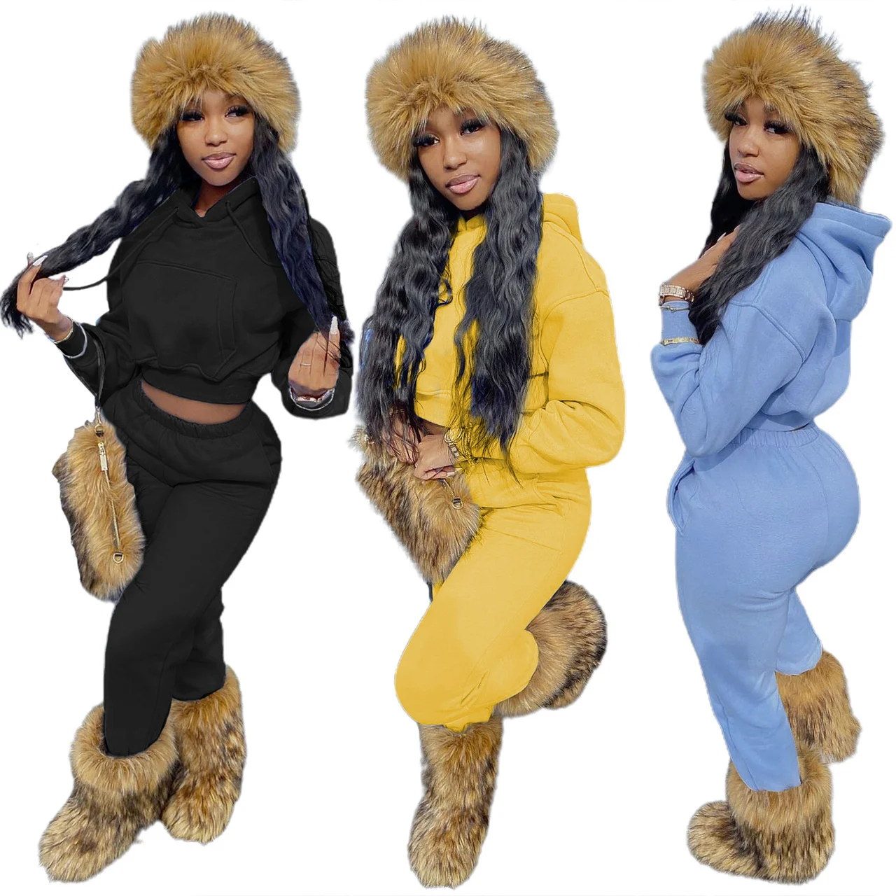 

Cutubly Two Pieces Outfits Autumn Winter Fleece Hooded Crop Top Trousers Suits Solid Female Tracksuit 2 Piece Pants Set Women