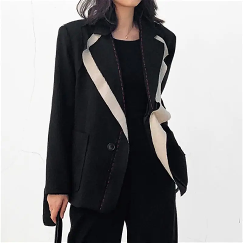 

Fashion Blazers Female coat spring New high quality Retro black stitching loose casual suit women Blazers blouse tops
