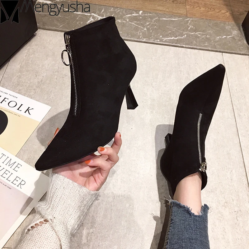 Короткие ботинки с острым носком на молнии спереди Модные Челси из флока тонком