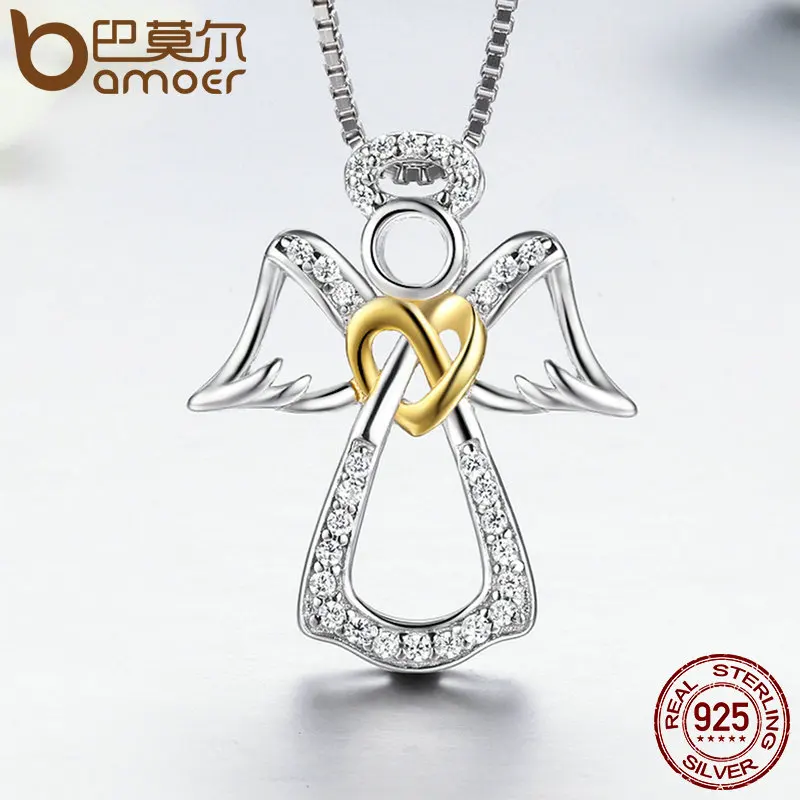 

BAMOER Authentic 925 Sterling Silver Guardian Angel Heart Pendant Necklaces Dazzling CZ Luxury Sterling Silver Jewelry SCN123