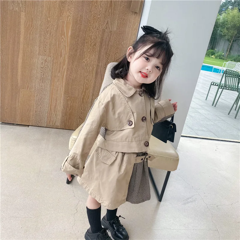 

Girls Casual Sets Childrens School Stitching Skirt 2PCS Girl Clothes Long Sleeve Plaid Kids Suit Top+Pleated skirt 2pcs