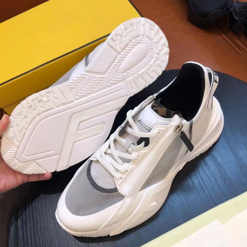 

Multicolor Flow Zip Leather Runner Sneakers Summer Breathable Coated Textile Paneled Mesh And Suede Low-top Flat Shoes For Men