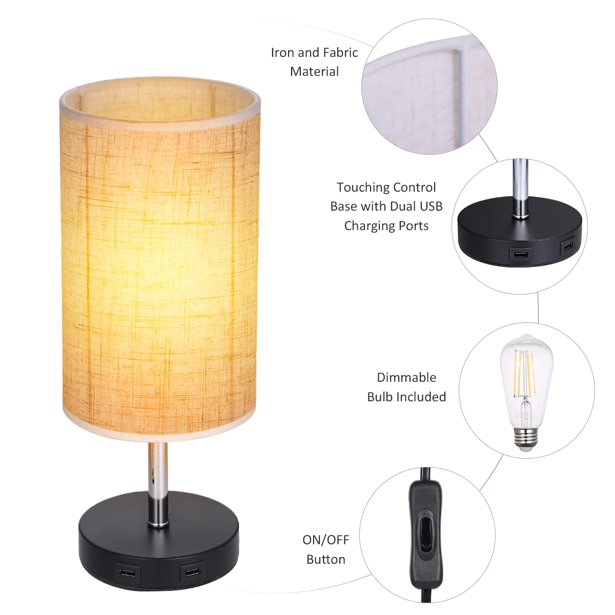 Прикроватный светильник с регулируемой яркостью 2 usb портами для зарядки Круглый