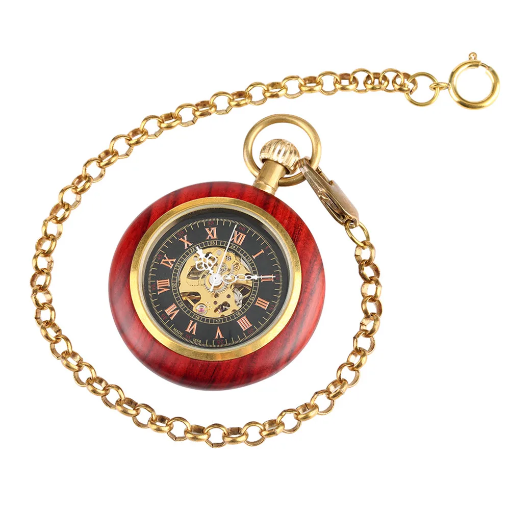 Red Wood Roman Numerals Open Face Pendant Mechanical Pocket Watch Durable Bronze Antique Hand Winding Pendant Chain Male Clock