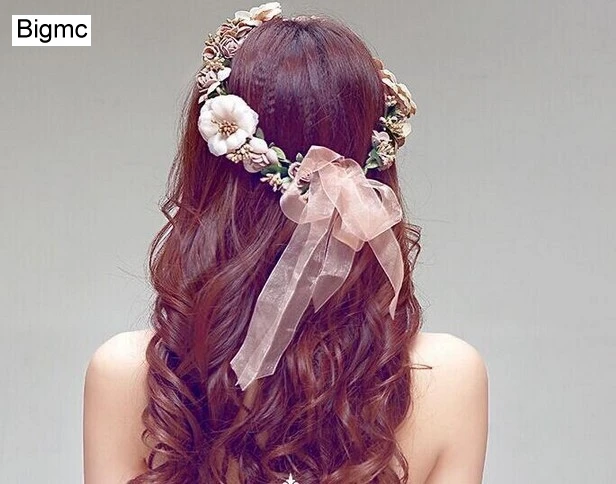 

Women Flower Crown Head band Fashion Mori Vacation Elastic Cute Solid Printing Bride Beach Hair Band Wedding Party Jewelry A5050
