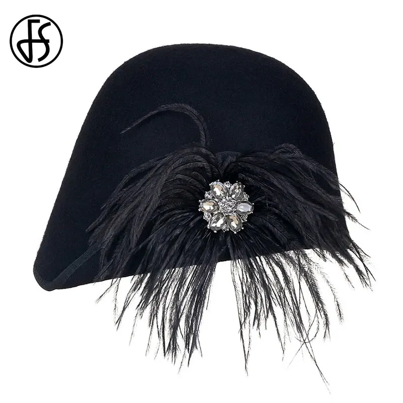 Женская винтажная фетровая шляпа FS черная с широкими полями украшенная стразами