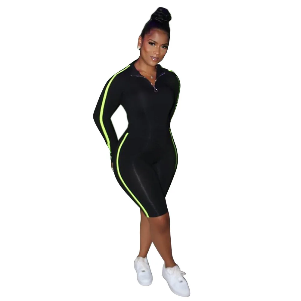 

Activewear Fitness Workout Bodycon Playsuits Women Striped Spliced Long Sleeve Biker Jumpsuit Streetwear Skinny Sporty Bodysuits