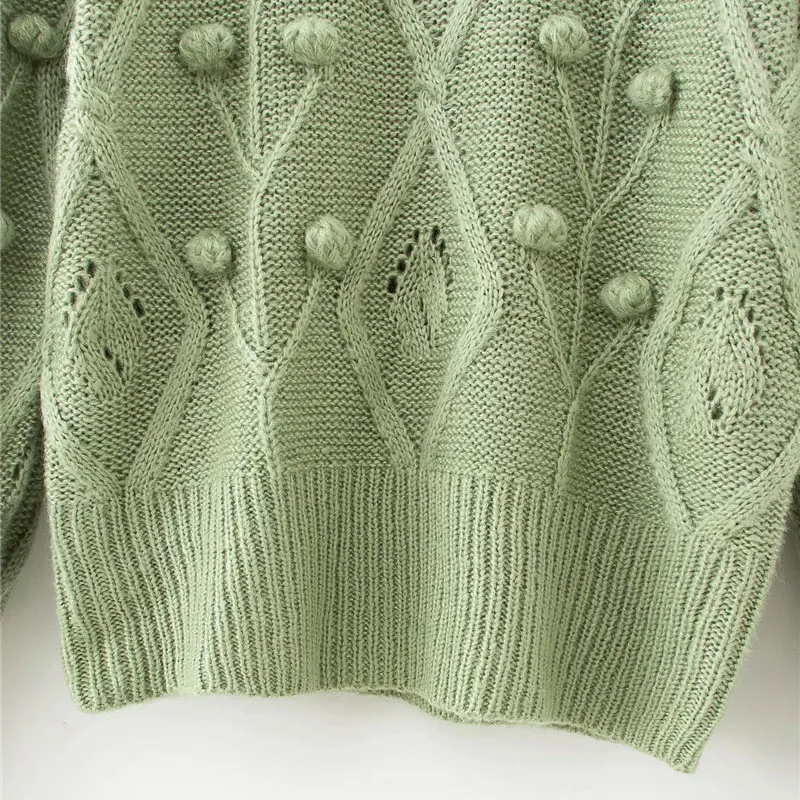 

za Women 2020 Fashion With Ball Cropped Knitted Sweater Vintage O Neck Long Sleeve Female Pullovers Chic Tops