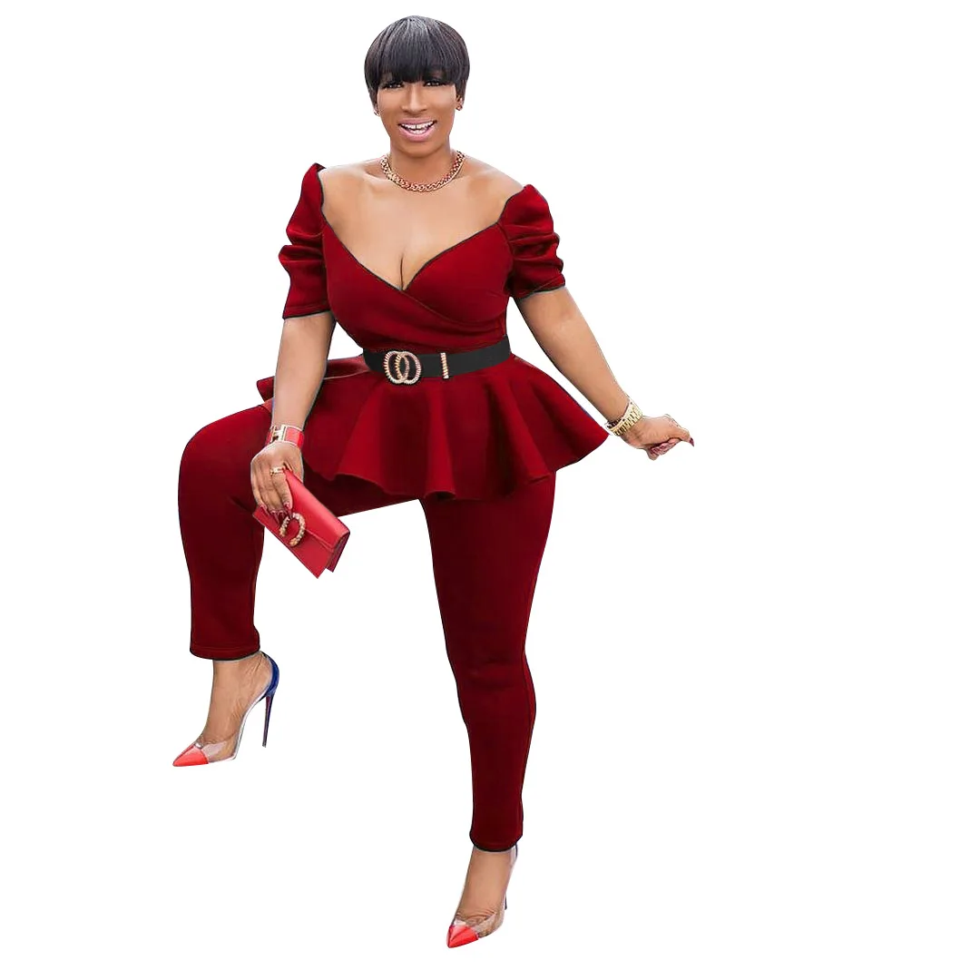 

2021 New Arrivals Summer Women Office Lady Outfits Two Pieces Sets V Neck Ruffles Short Sleeves Fashion Top and Pants