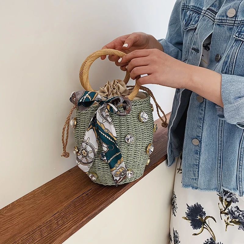 Новая маленькая Соломенная Сумка ведро ручной работы украшенная стразами