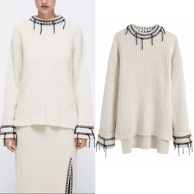 

Za 2021 Beige Knitted Sweater Woman Autumn Long Sleeve Sweater Pullover Women Fashion Fringing Streetwear Knitted Suit