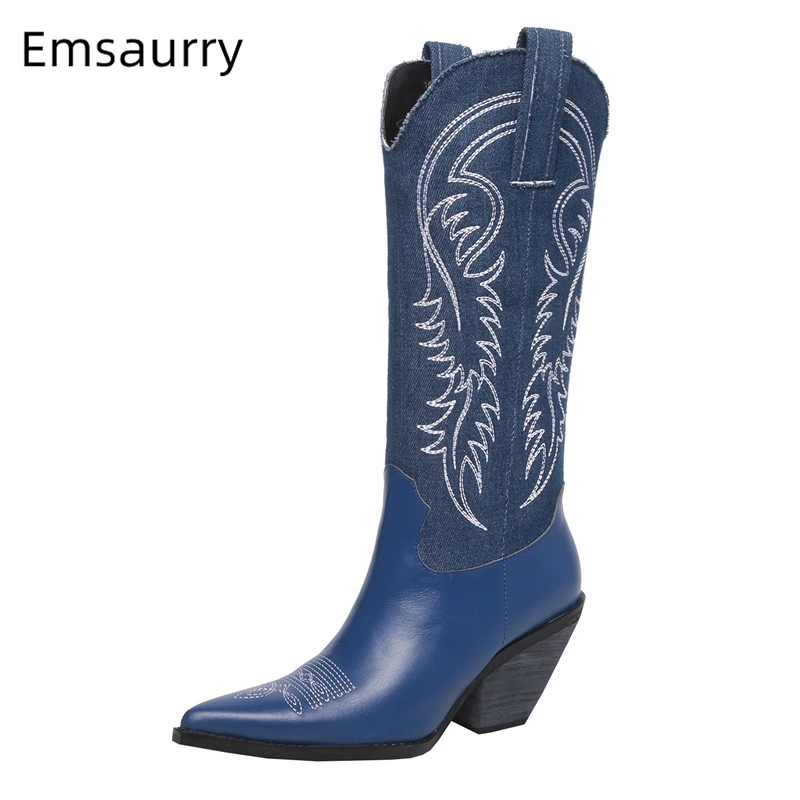 

Sexy Embroidery Denim Cowboy Boots Women Block Heel Pointed Toe Sewing Real Leather Knee High Booties For Woman