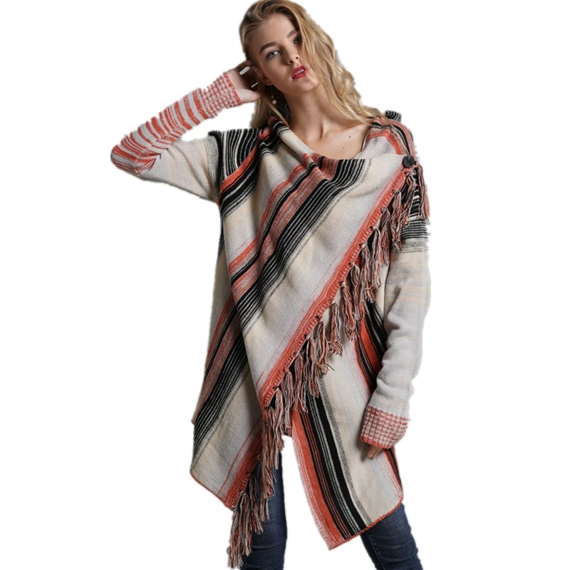 Женский вязаный кардиган в полоску Длинный свободный свитер с длинными рукавами