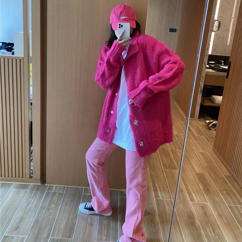 

Mohair Knitted Long-Sleeved Sweater Rose Red Cardigan 2020 Winter New Trend Loose Casual Lapel Jacket Women Christmas Clothes