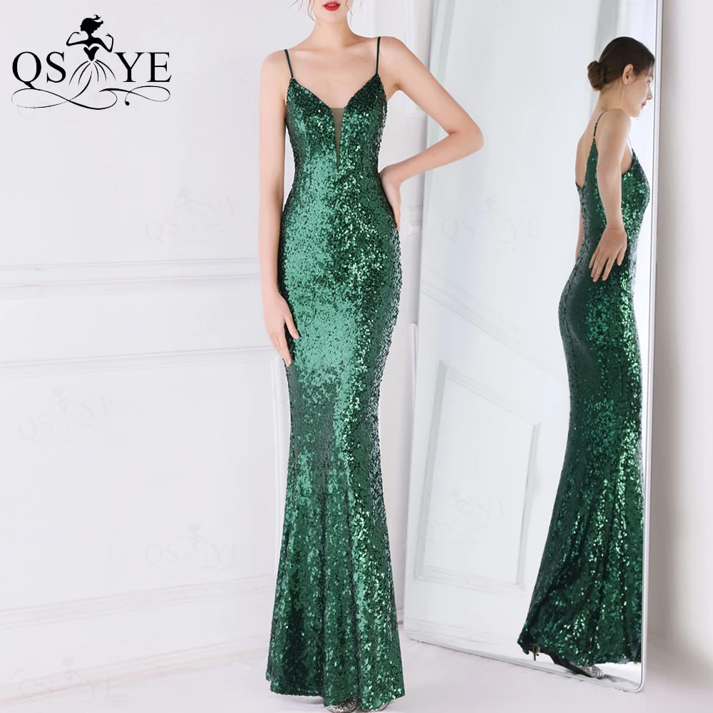 

Green Sequin Evening Dresses Deep V Neck Shiny Prom Gown Shoulder Spaghetti Straps Party Formal Dancer Sparkle Prom Dress Chic