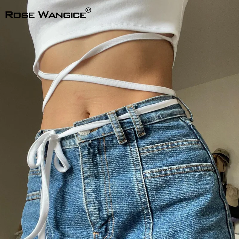 

Sexy Round Collar Tie Tie T-shirt Crop Navel Embroidered Letters Casual Slim Body 2021 Women Clothing Summer Short Sleeves