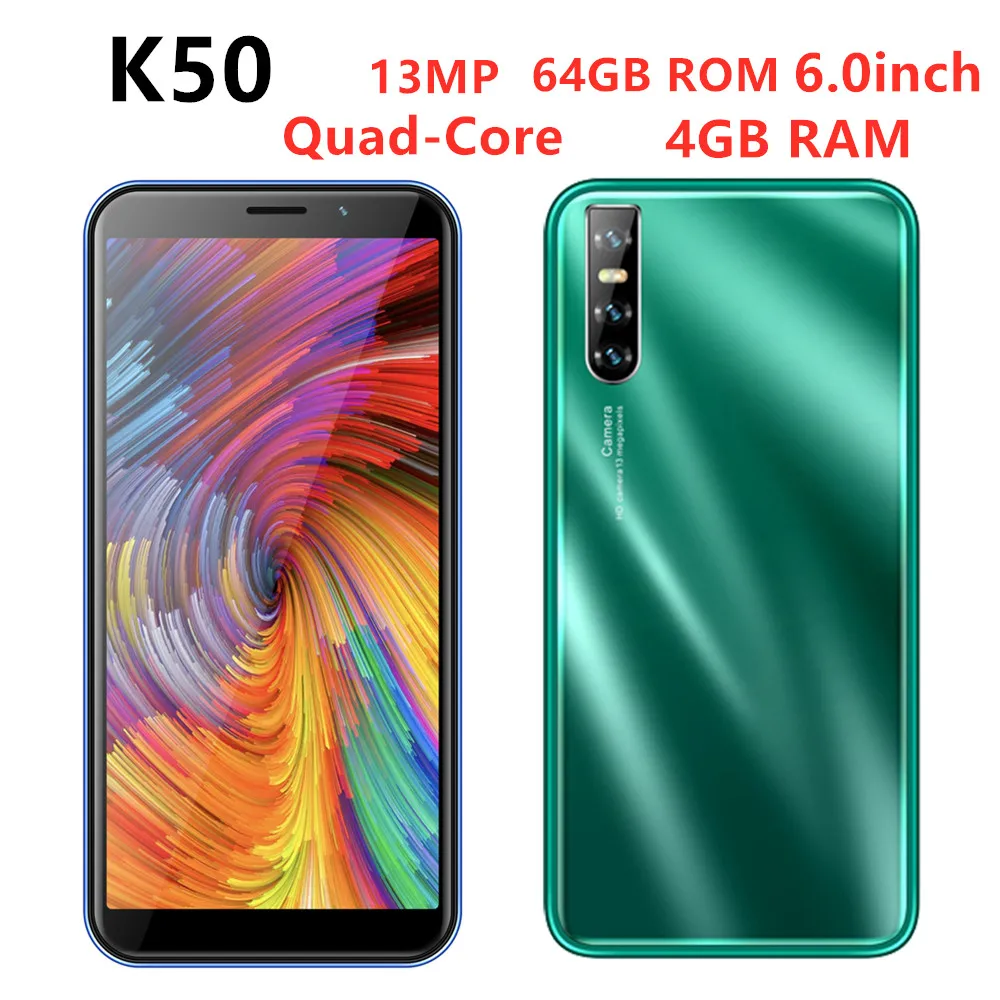 

Global Version K50 Smartphones 4G RAM 64G ROM Celulare Quad Core 13MP Camera Face ID unlocked android mobile phones Celulares