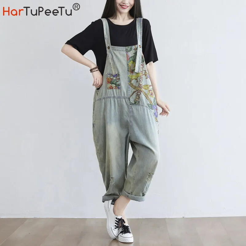 Summer Fall Women Denim Cotton Jumpsuit Vintage Floral Oversize Loose Thin Harem Pants Overalls with Strap Ankle Length Trouser