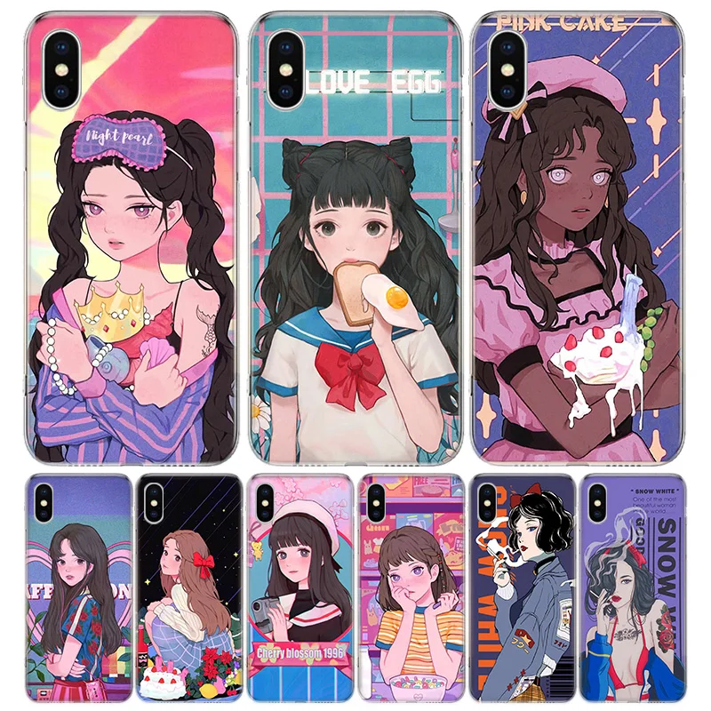 

INS Kawaii Japanese Anime illustration Girl Silicon Call Phone Case For Apple iPhone 11 13 Pro Max 12 Mini 7 Plus 6 X XR XS 8 6S
