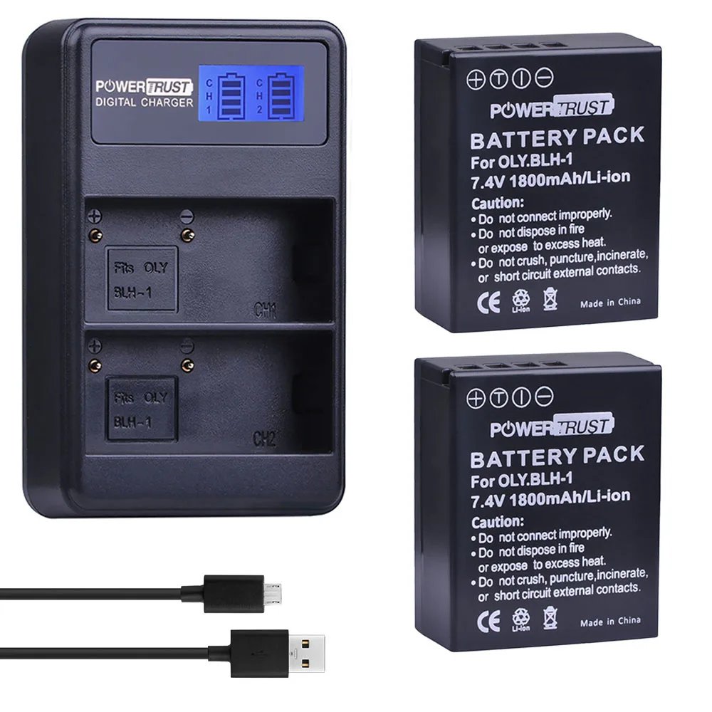 2battery and Charger PowerTrust 2 шт. BLH-1 BLH1 BLH 1 сменная батарея и ЖК-USB двойное зарядное устройство для камеры Olympus E-M1 Mark II - Цвет: 2battery and Charger