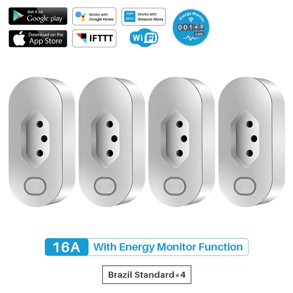 WiFi Smart Plug бразильский стандарт 16A интеллектуальная розетка синхронизации с монитором энергии управление приложением работает с Alexa Google Assistant - Цвет: 4 Pcs