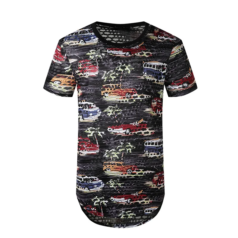 Мужская фиолетовая модная очень длинная футболка с принтом автомобиля новинка