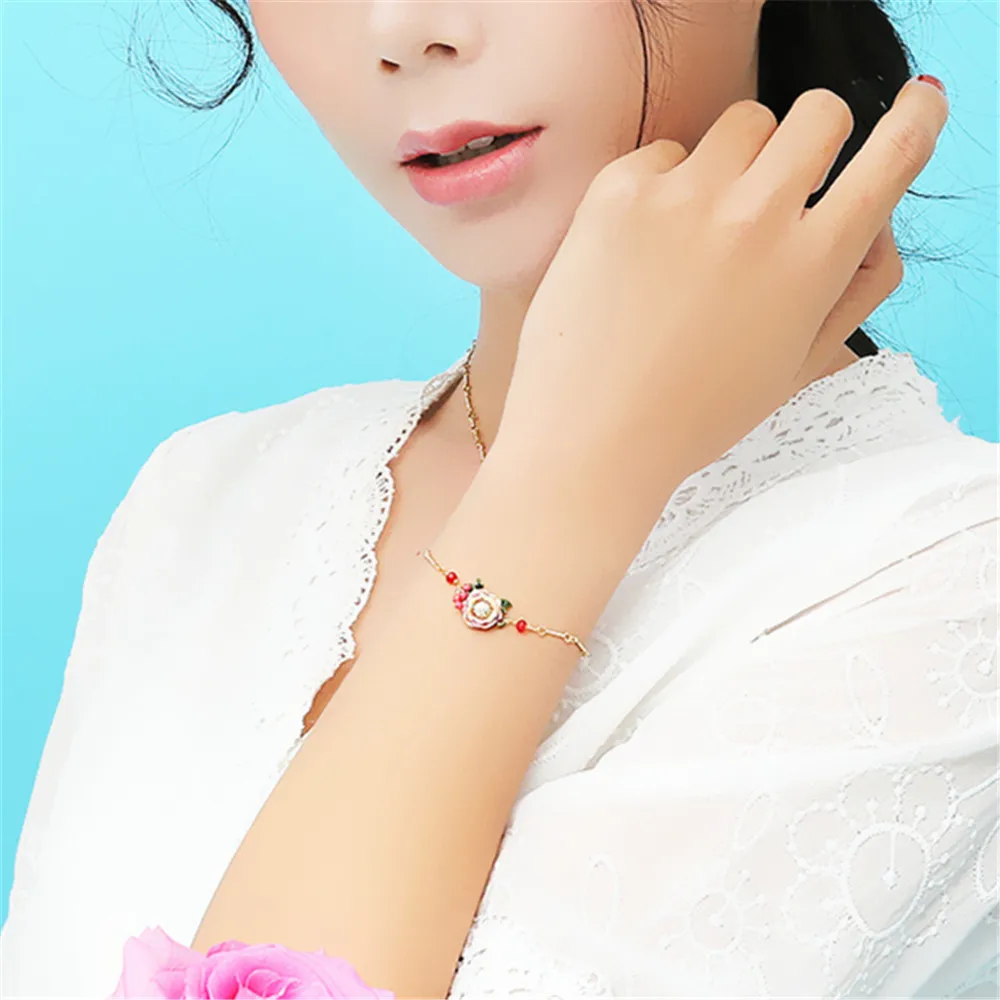 B04-014 Christmas Bunny Bracelet Enamel Glazed Pink Flower Rose Pendant Les Nereides* Bracelets &amp bangles | Украшения и